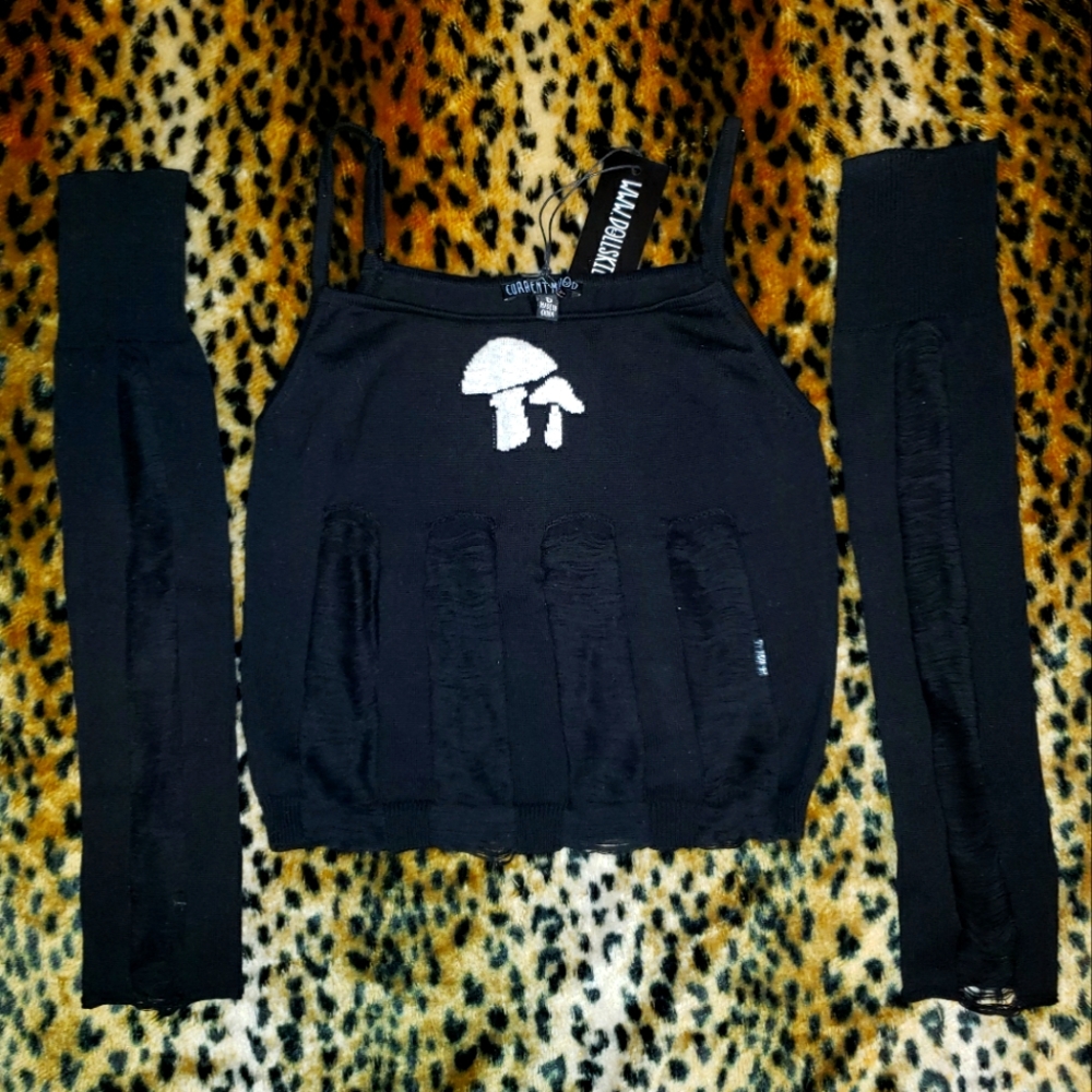 DOLLS KILL TOADSTOOL TALES SHREDDED TANK & ARM WARMER SET S CURRENT MOOD GOTH